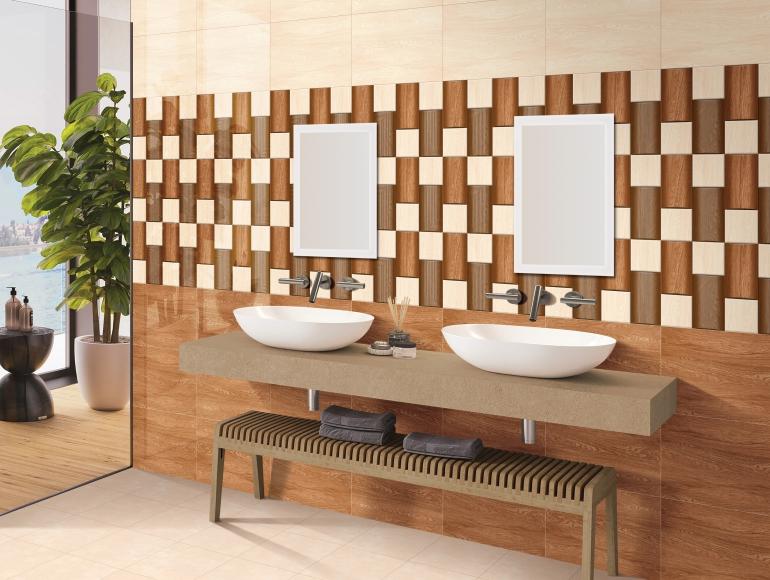 Stylish wooden bathroom design with a wooden accent wall, a wooden vanity bench, dual sinks, modern mirrors, and greenery.